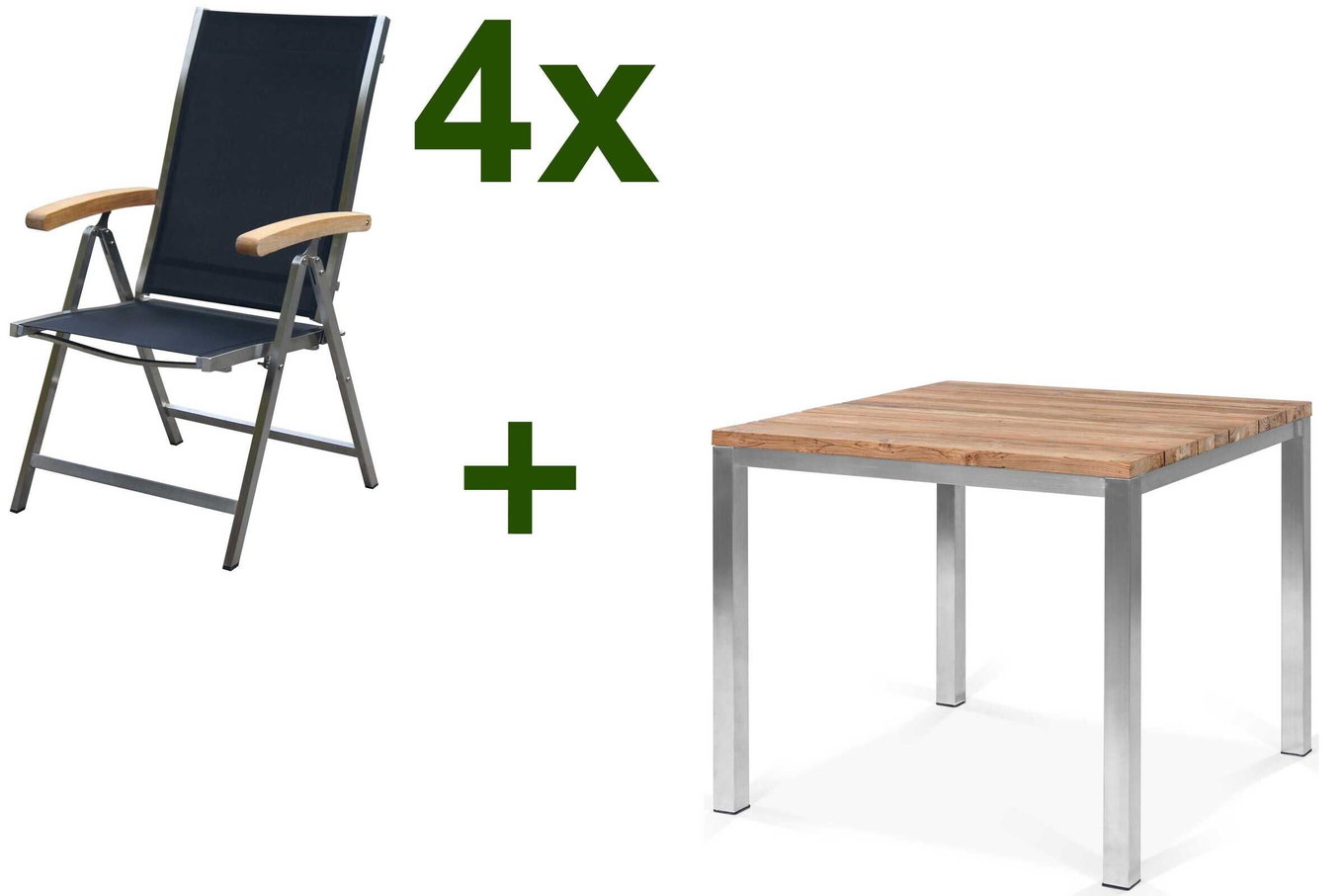 OUTFLEXX Salon de jardin, acier inoxydable/teck recyclé, table 90 x 90 cm, 4 chaises pliantes, noir, produit certifié FSC® 17262__1
