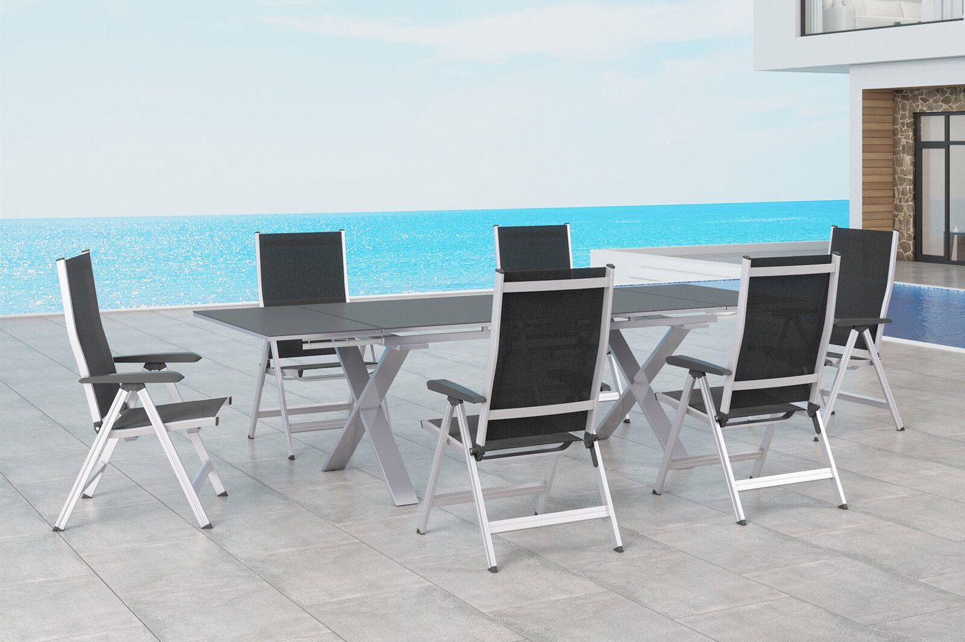 Salon de repas de jardin KETTLER BasicPlus, argent / anthracite, Alu / Spraystone / Textile, Table 180/280x100cm, 6 chaises pliantes 23007__1