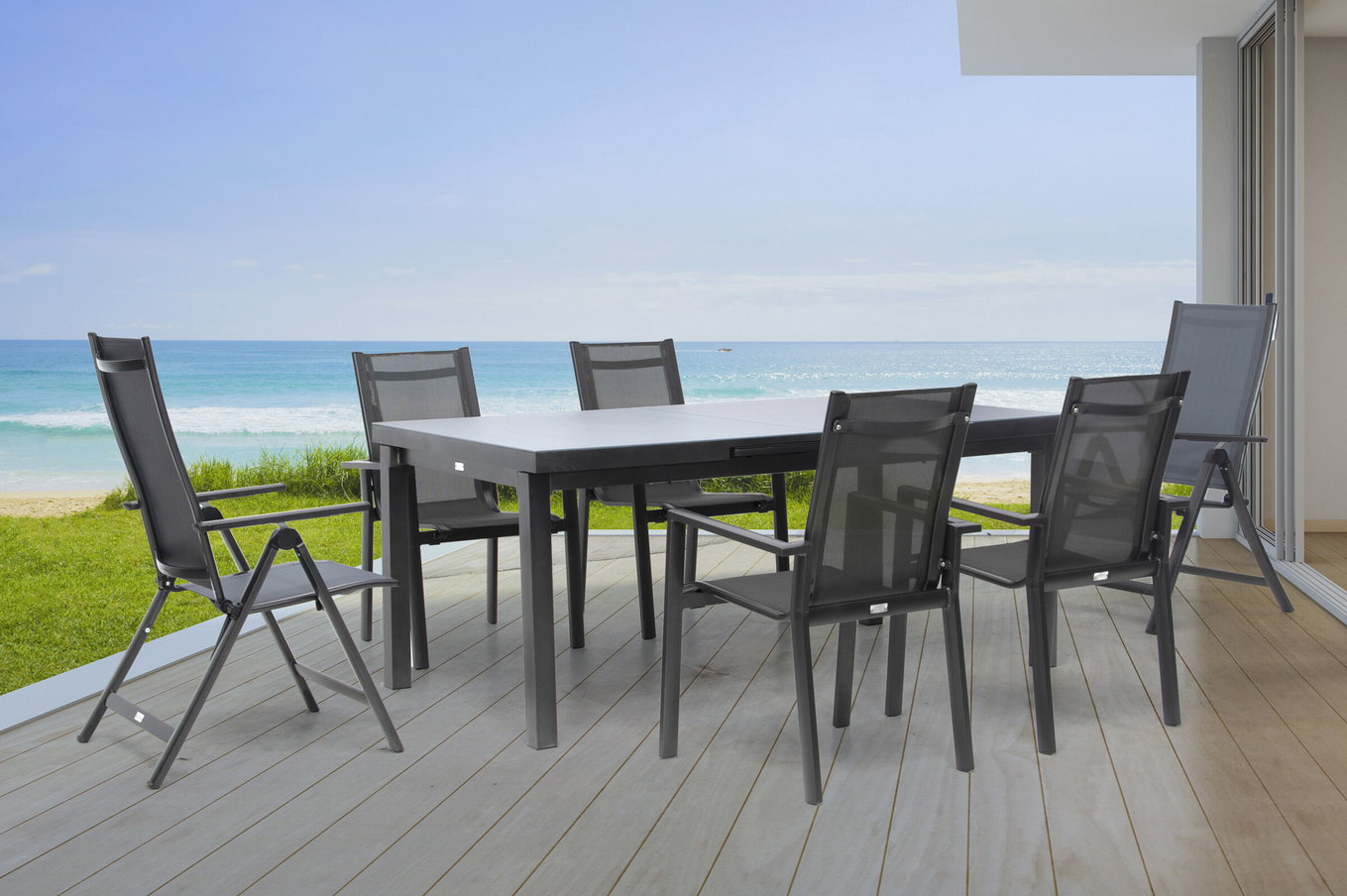 Ensemble repas jardin Premium OUTFLEXX, anthracite/gris, Alu/Textilène, table extensible 180/240x100cm, 4 fauteuils empilables, 2 chaises pliantes 21441__1