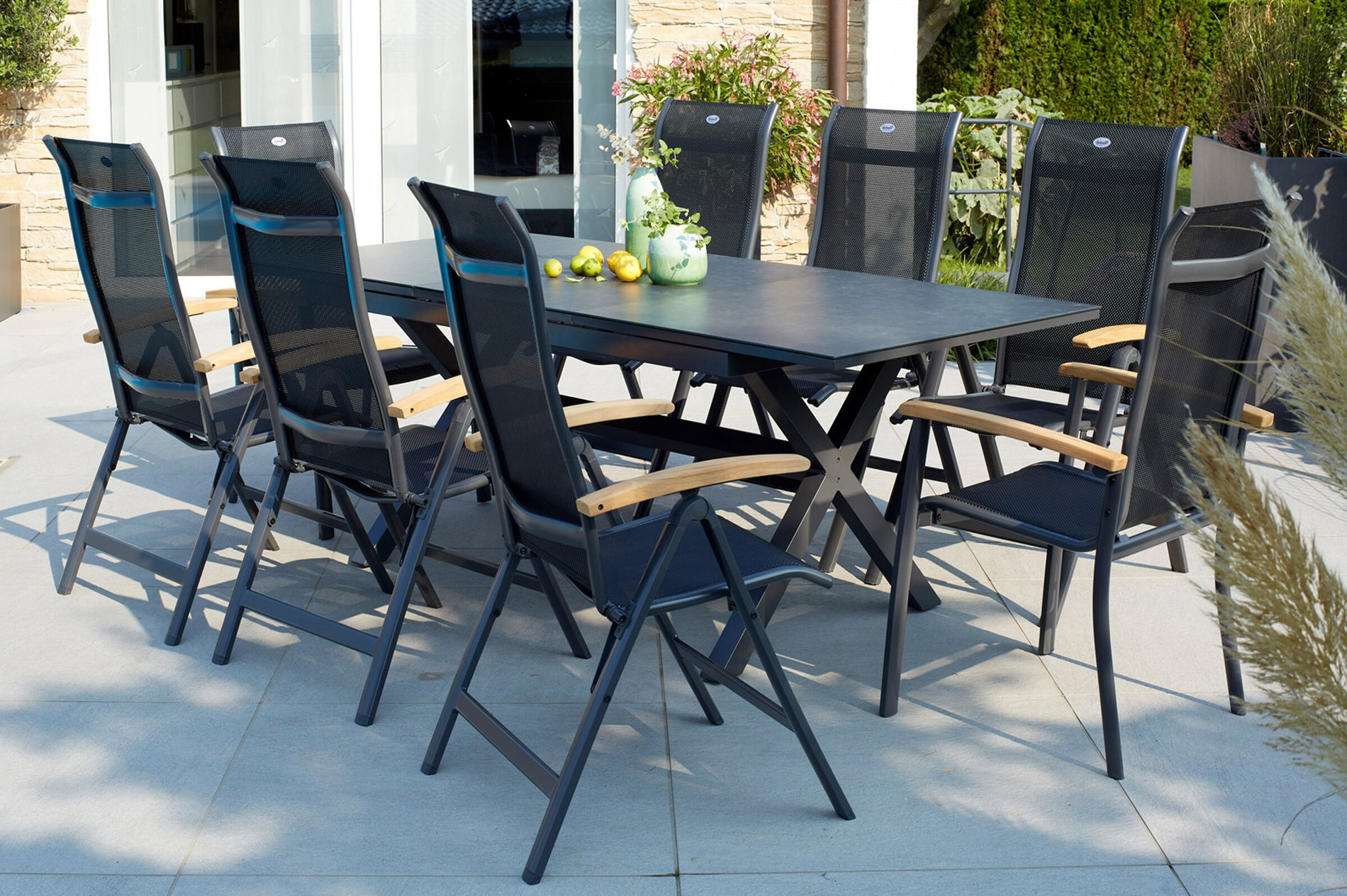 HARTMAN Xanadu / Alice Ensemble repas de jardin, xerix/naturel, Alu/Teak/Vitrocéramique, 4x4 Textiles, 8 Chaises pliantes, 160/220x100cm, Accoudoirs Teak 23246__1