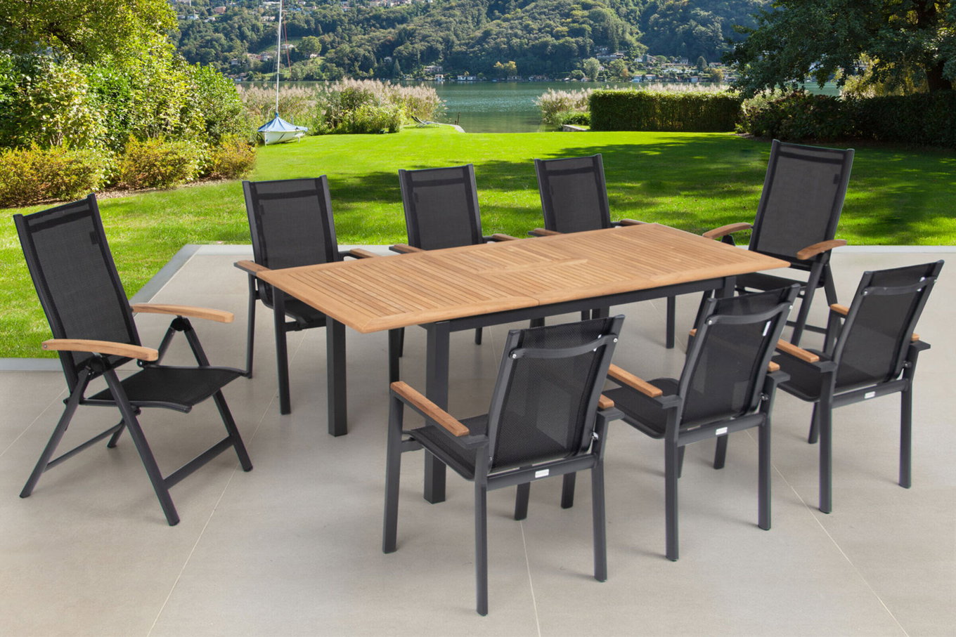 OUTFLEXX Ensemble repas de jardin, OUTFLEXX® anthracite mat, Alu / Teck / Textilène, Table 150/210 x 90 cm, 6 fauteuils empilables, 2 chaises pliantes 22172__1