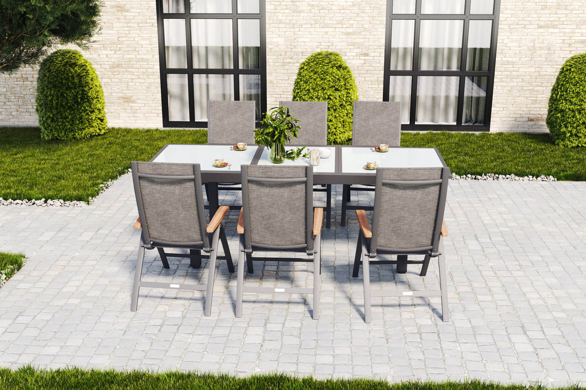 Salon de jardin VILLANA, anthracite/gris/blanc, alu/verre/textilène/bois d'acacia, table extensible 160/220 x 90 cm, 6 chaises pliantes, extensible