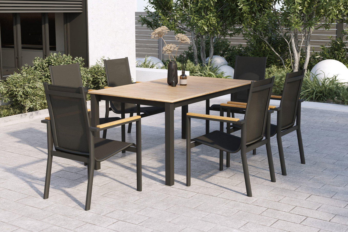 OUTFLEXX Groupe de repas de jardin pour 6 personnes, anthracite mat, alu/textilène, table 180/240 x 100 cm, fauteuils empilables, produit certifié FSC® 22187__1