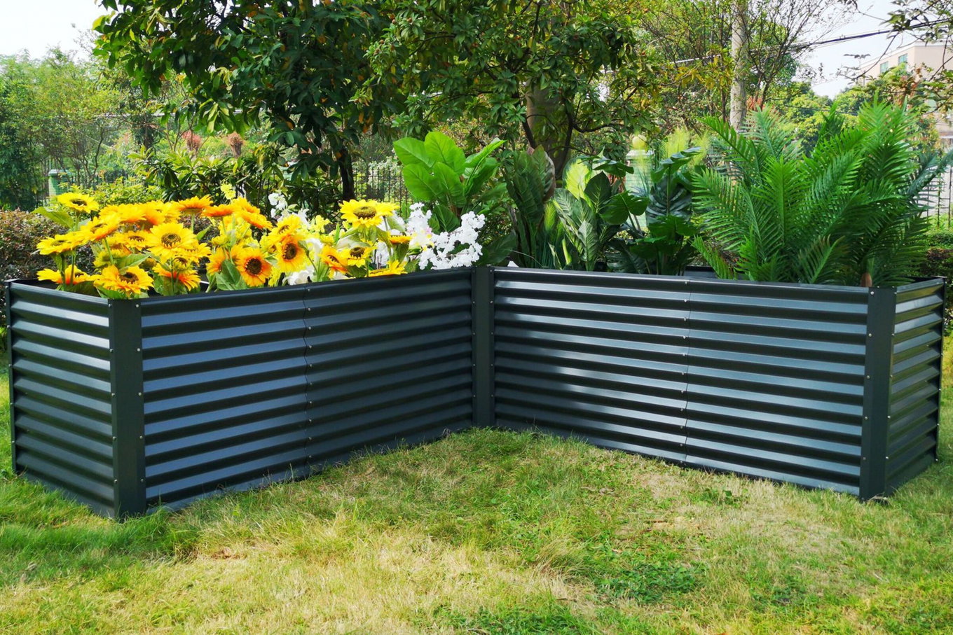 OUTFLEXX Carré potager d'angle, anthracite, acier aluminium-zinc, 270x270x90x84cm 18174__1
