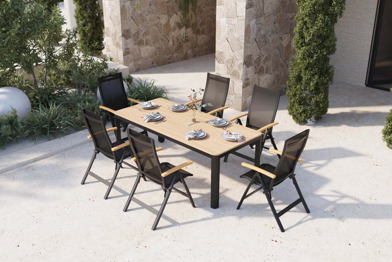 OUTFLEXX Tallinn Groupe salle à manger jardin, anthracite mat, Alu/Imitation bois, Table 200 x 90 cm, 6 Chaises pliantes 21775__1