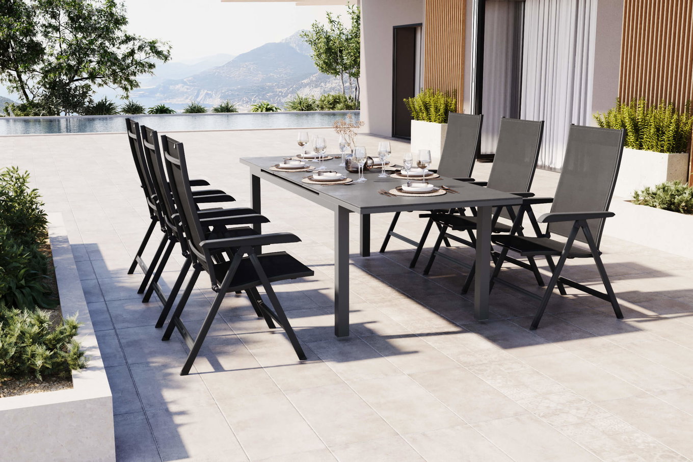 KETTLER BasicPlus Ensemble repas de jardin, anthracite/anthracite, Alu/Textilène, 180/240x90cm, 6 chaises pliantes 17229__1