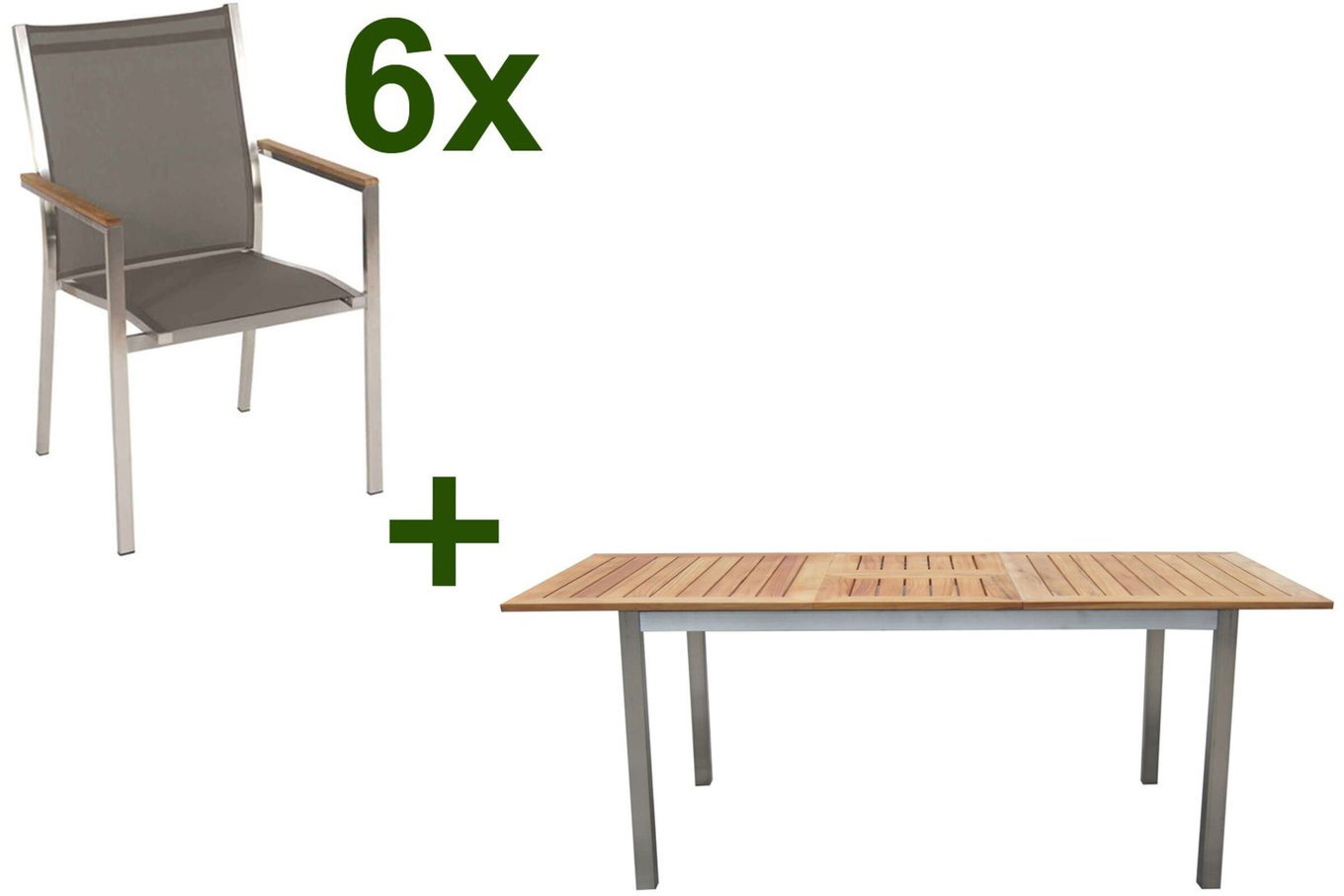 STERN Cardiff Ensemble de repas de jardin, argenté/taupe, Acier inoxydable/Teck, Table 150/200 x 90 cm, 6 Fauteuils empilables 19698__1