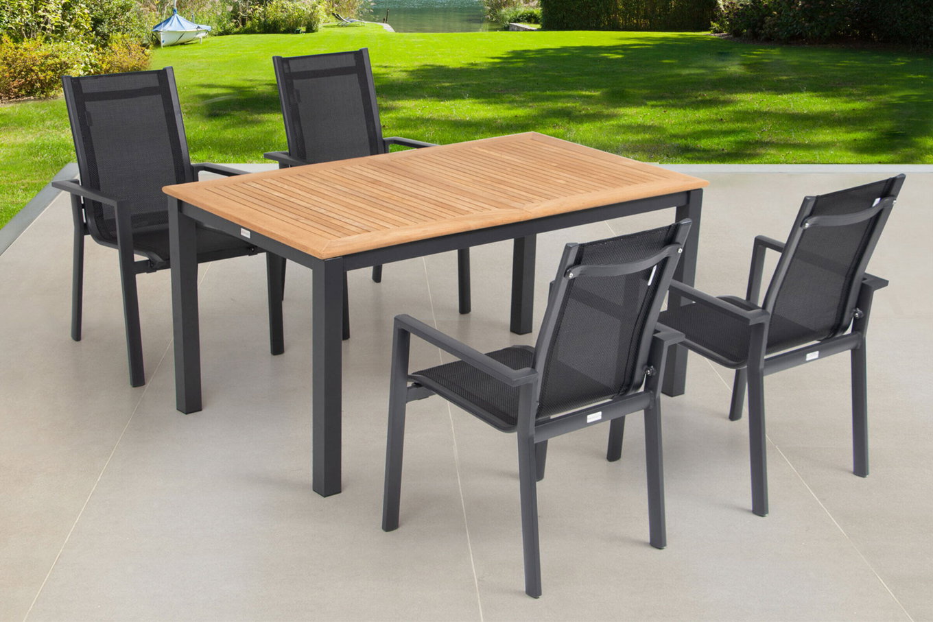 OUTFLEXX Groupe repas de jardin, OUTFLEXX® anthracite mat, Alu / Teck / Textile, Table extensible 150/210x90cm, 4 fauteuils empilables 22176__1