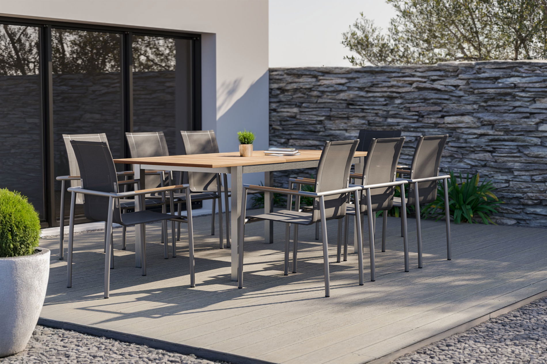 OUTFLEXX Groupe repas de jardin, naturel/anthracite, Acier inoxydable/Textilène/Teck, Table extensible 150/200x90cm, 8 Fauteuils de salle à manger 24084__1