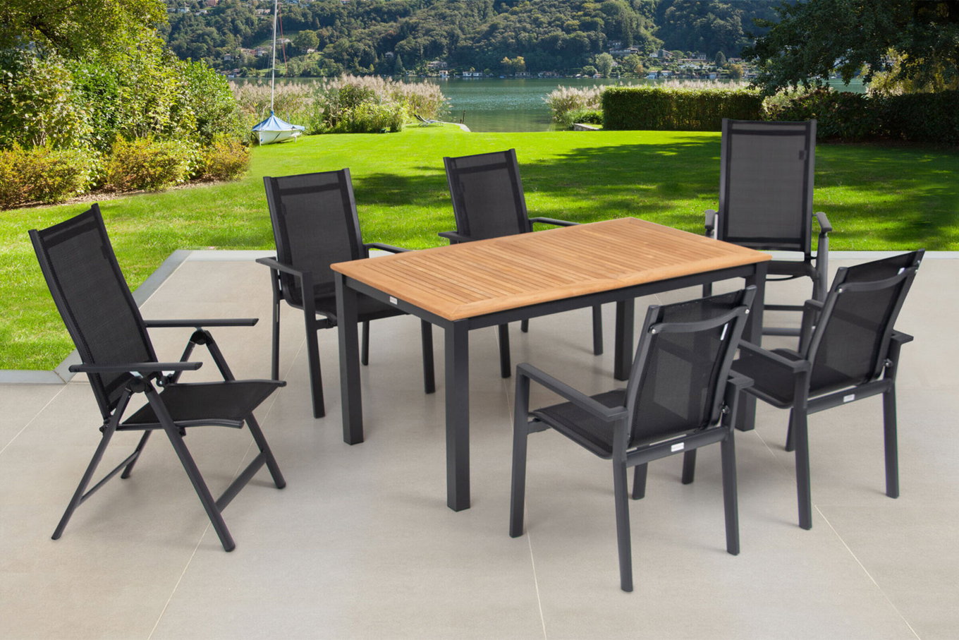 OUTFLEXX Salon de jardin repas, OUTFLEXX® anthracite mat, Alu / Teck / Textile, Table extensible 150/210 x 90 cm, 4 fauteuils empilables, 2 chaises pliantes 22180__1