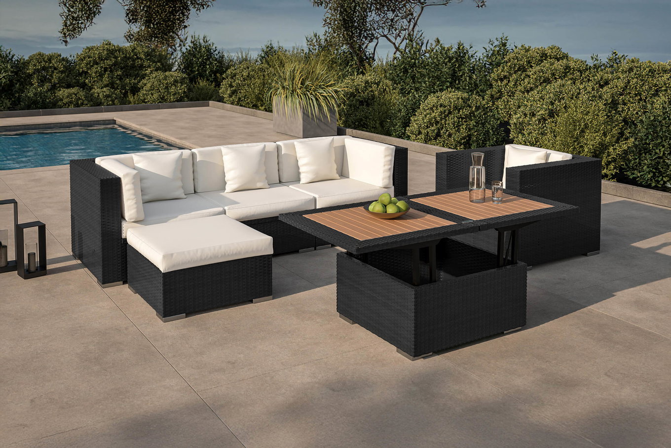 OUTFLEXX salon de jardin, crème/blanc, noir, résine tressée, 5 personnes, avec table basse, coffre à coussins étanche 1077_BOX_D__1