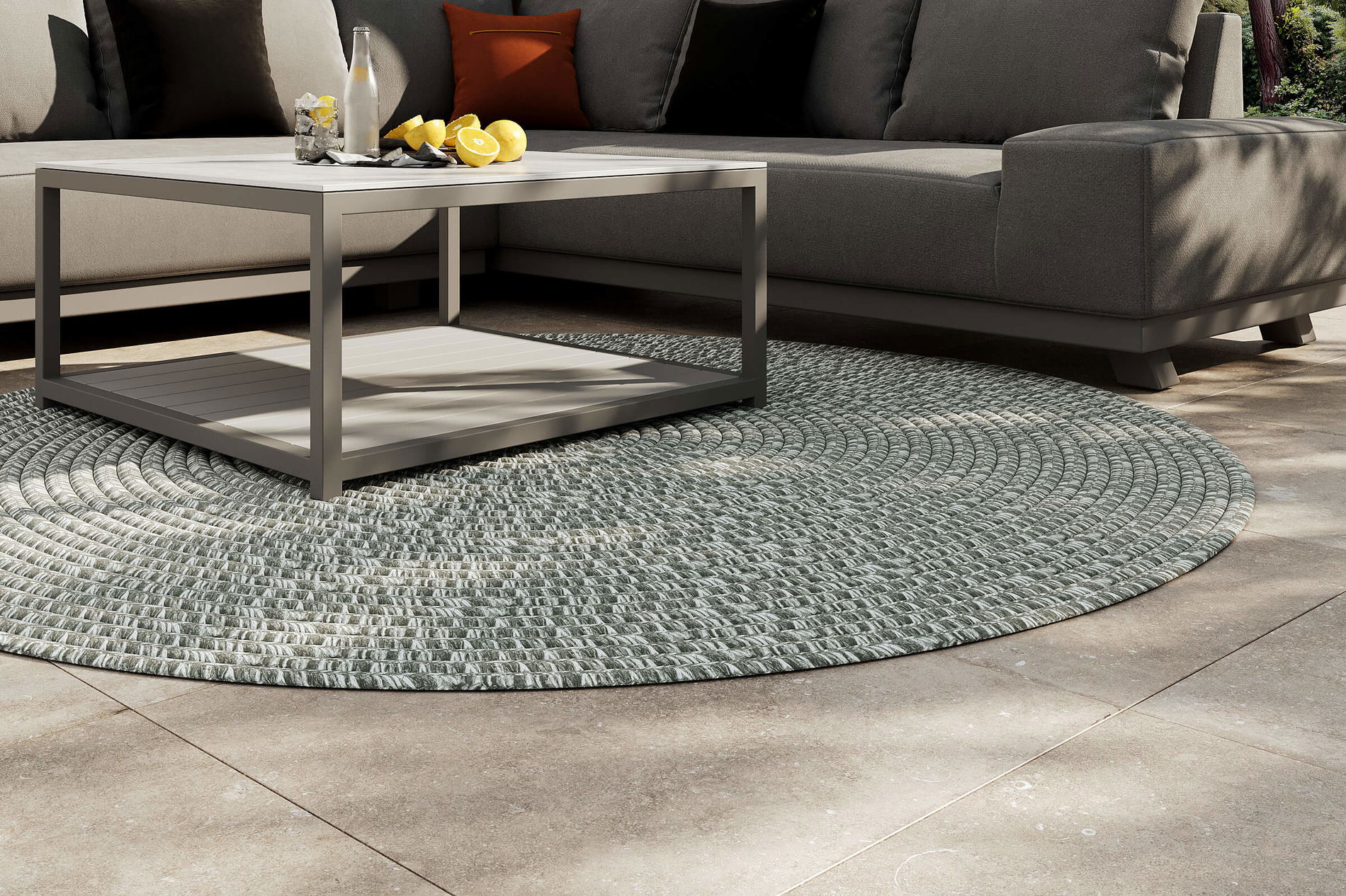 Tapis d'extérieur OUTFLEXX Harmony, Aluminium-White, fil PET recyclé, Ø 200 cm, convient pour les espaces intérieurs et extérieurs