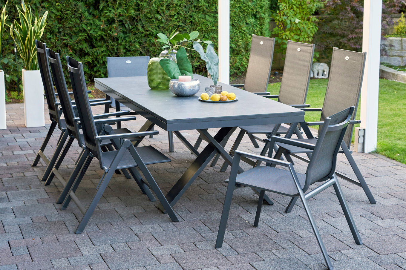 HARTMAN Modèle spécial Xanadu / Aruba Ensemble repas de jardin, xerix/anthracite, Alu/Vitrocéramique, 2 fauteuils empilables, 6 chaises pliantes, 220/280x100cm 21139__1