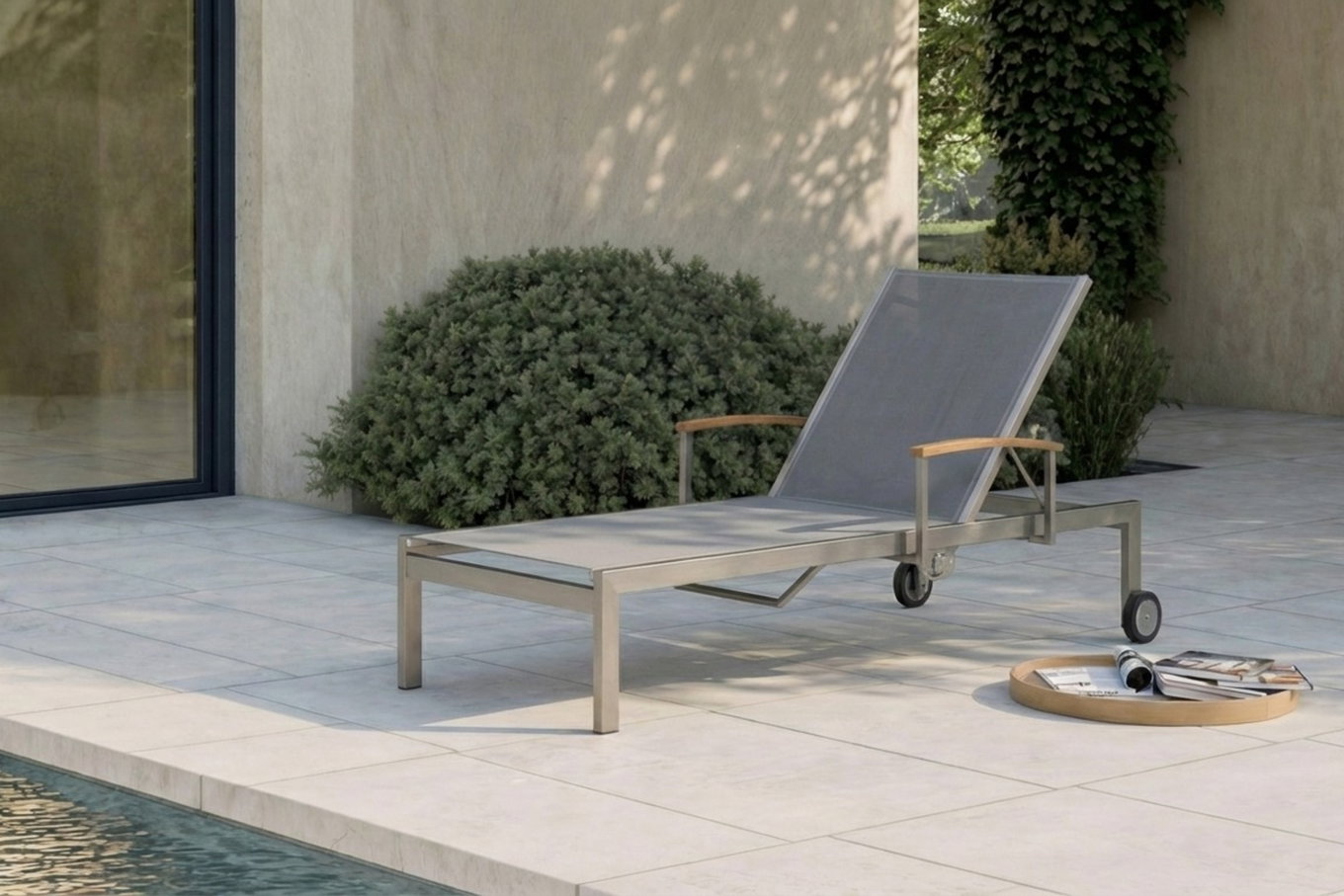 OUTFLEXX Bain de soleil à roulettes, argent, acier inoxydable/textilène, avec vérin à gaz, 195,5x74x35cm