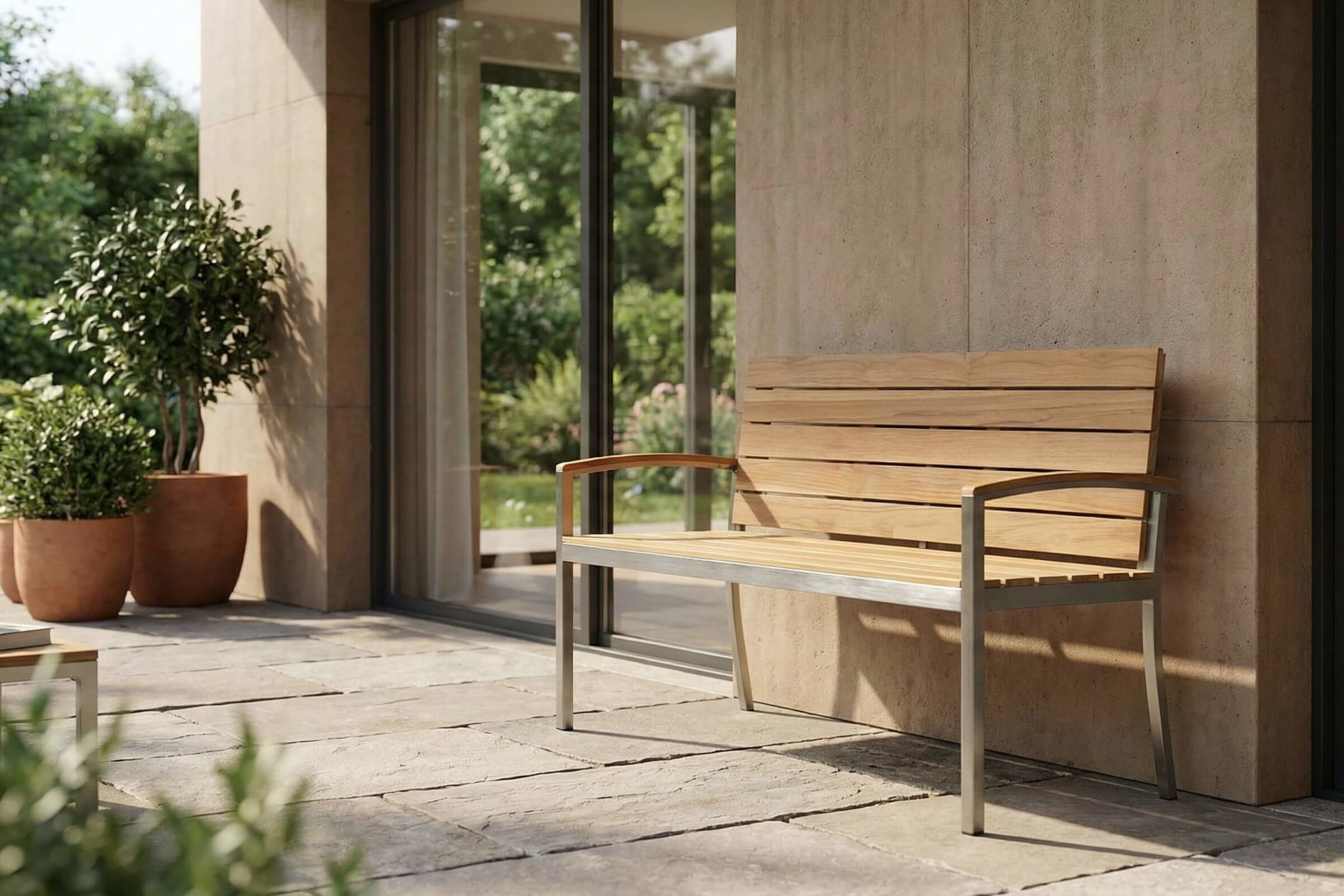 Banc de jardin OUTFLEXX, bois de teck/acier inoxydable, 2 places, 130x55x80cm, produit certifié FSC®