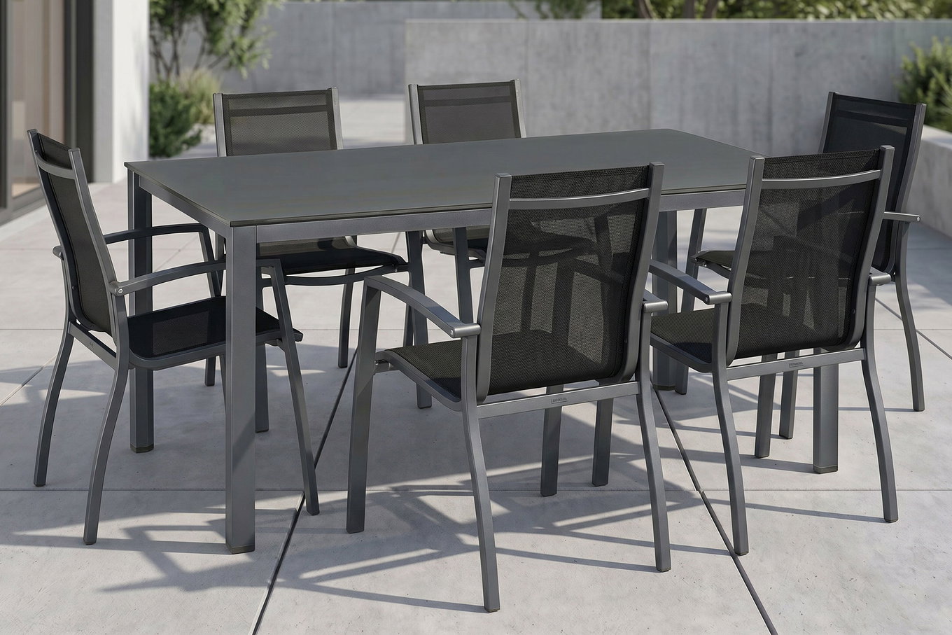 Ensemble table à manger Kettler, anthracite/anthracite, table Dining Kettalux-Plus 160x95cm, 6 fauteuils empilables Altura