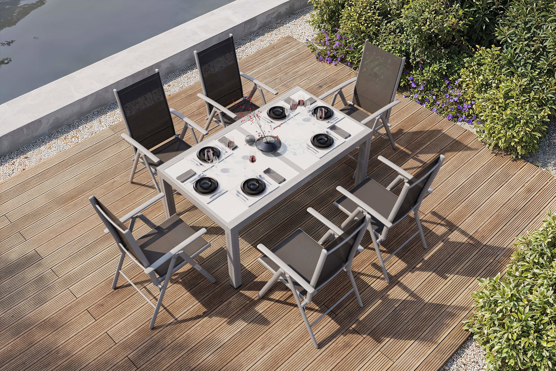 VILLANA Salon de jardin, argent/noir, Alu/Textile, Table 160/220 cm, 6 Chaises pliantes
