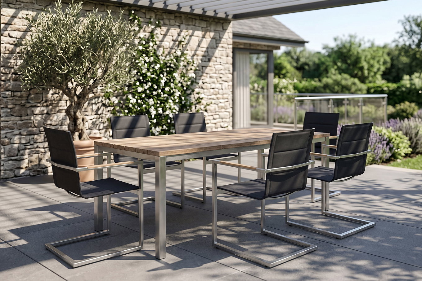 OUTFLEXX Ensemble repas de jardin, acier inoxydable/teck recyclé, table 180 x 90 cm, 6 chaises cantilever padded, noir, produit certifié FSC®