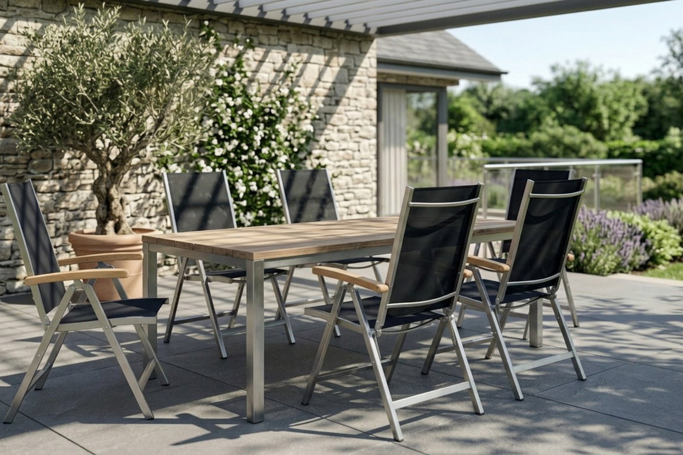 OUTFLEXX Salon de jardin, acier inoxydable/teck recyclé, table 180 x 90 cm, 6 chaises pliantes, noir, produit certifié FSC®