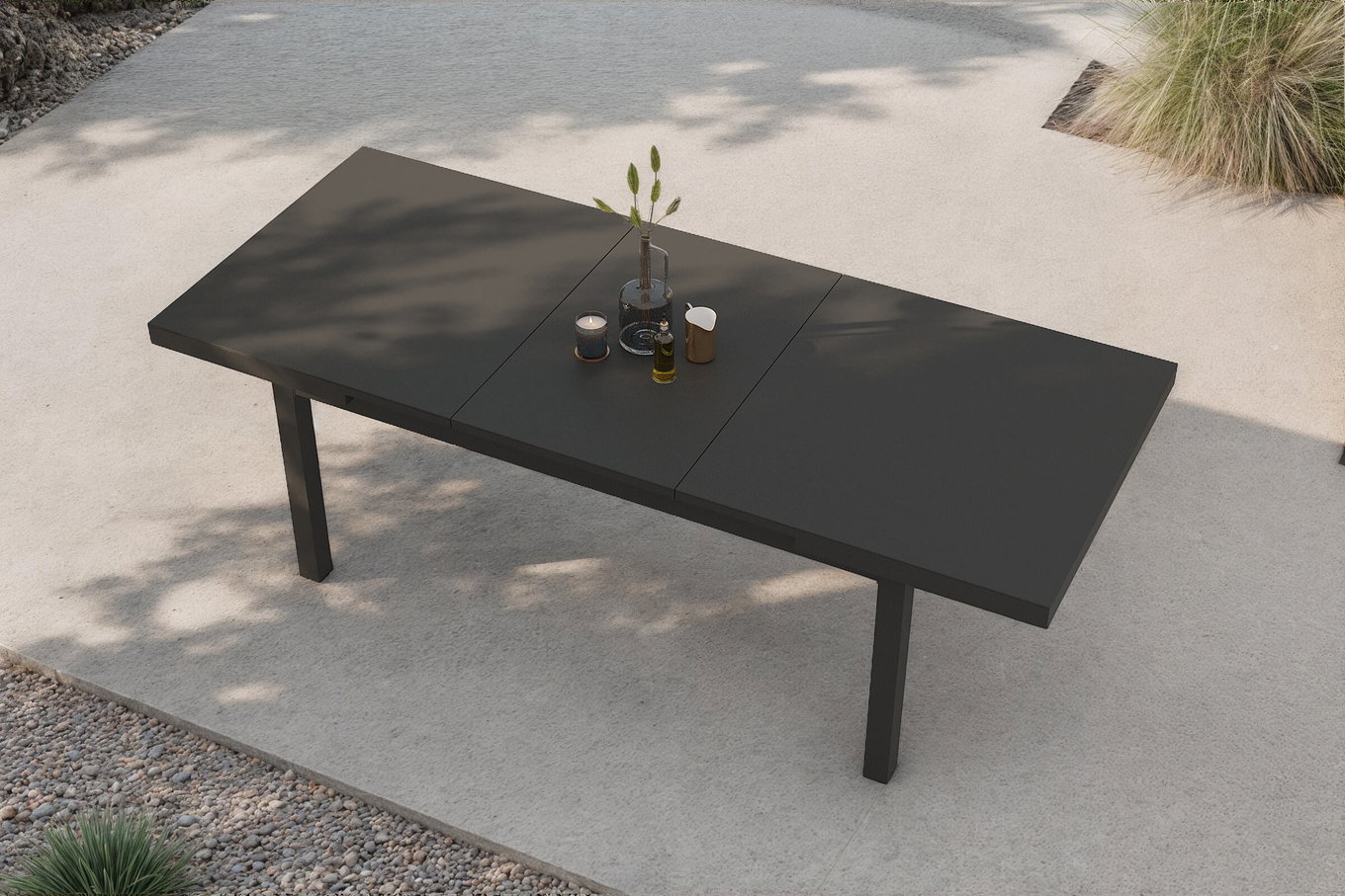 Table à rallonge Premium OUTFLEXX, anthracite/gris, Alu/Verre de sécurité, 180/240x100cm, mécanisme d'extension automatique