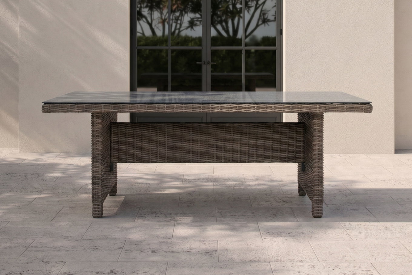 OUTFLEXX Table à manger, gris, résine tressée, 200 x 95 cm, plateau Spraystone, 6mm, posé