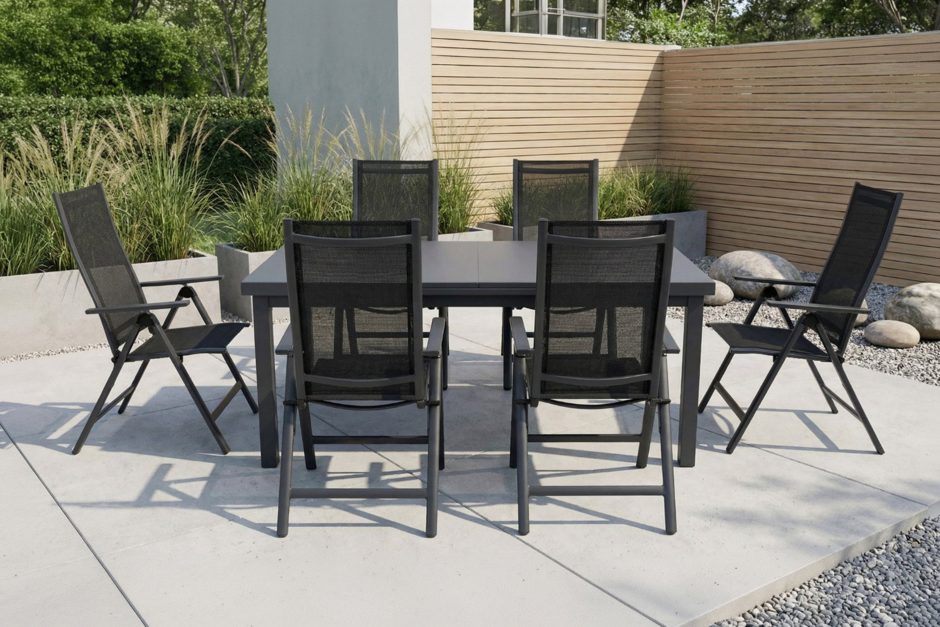 OUTFLEXX Ensemble repas de jardin Premium, anthracite mat, Alu/Textilène, Table 180/240x100cm, 6 chaises pliantes