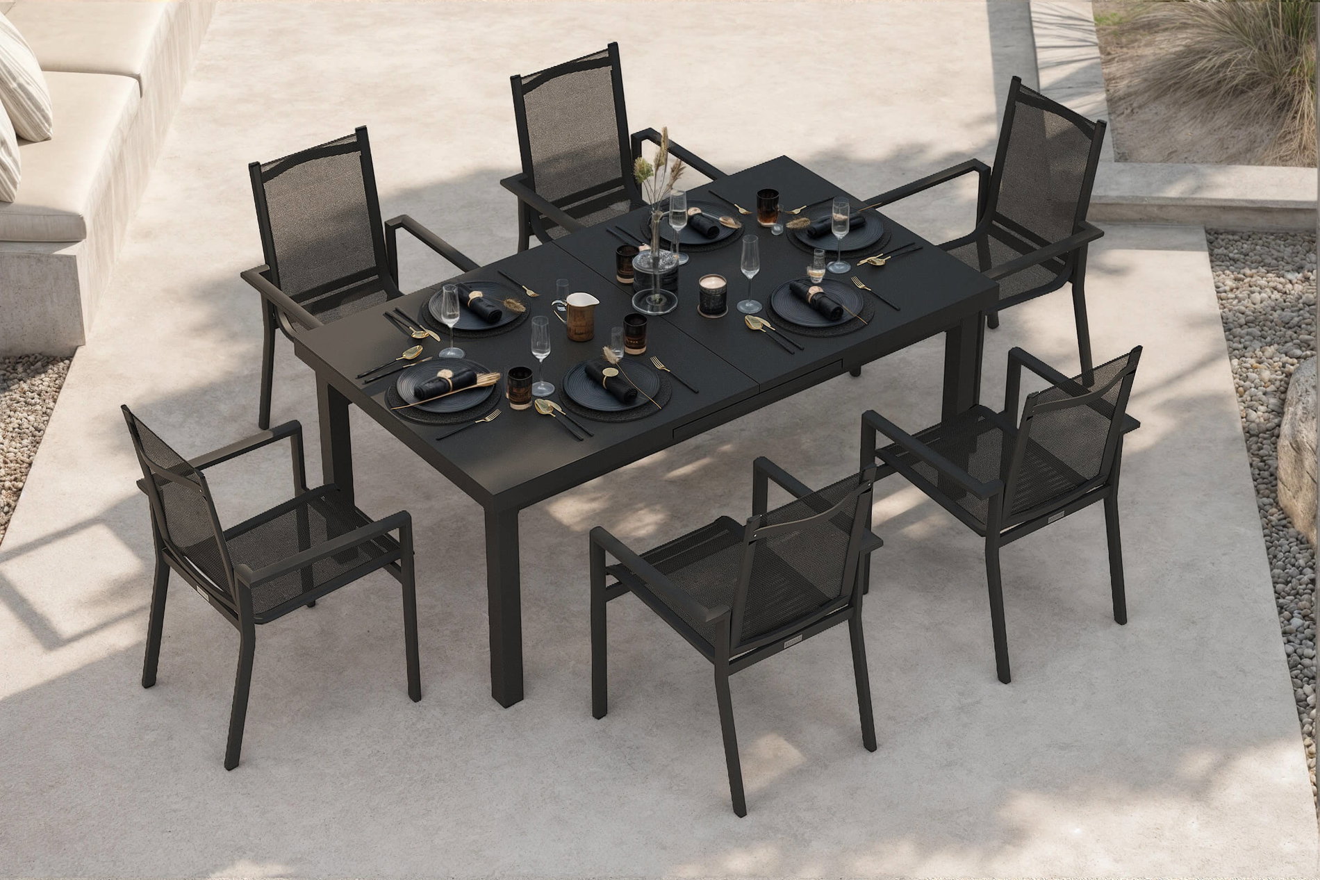 OUTFLEXX Groupe de table à manger de jardin Premium, OUTFLEXX® anthracite mat, Alu/Textilène, Table 180/240x100cm, 6 fauteuils empilables OUTFLEXX Groupe de table à manger de jardin Premium, OUTFLEXX® anthracite mat, Alu/Textilène, Table 180/240x100cm, 6 fauteuils empilables