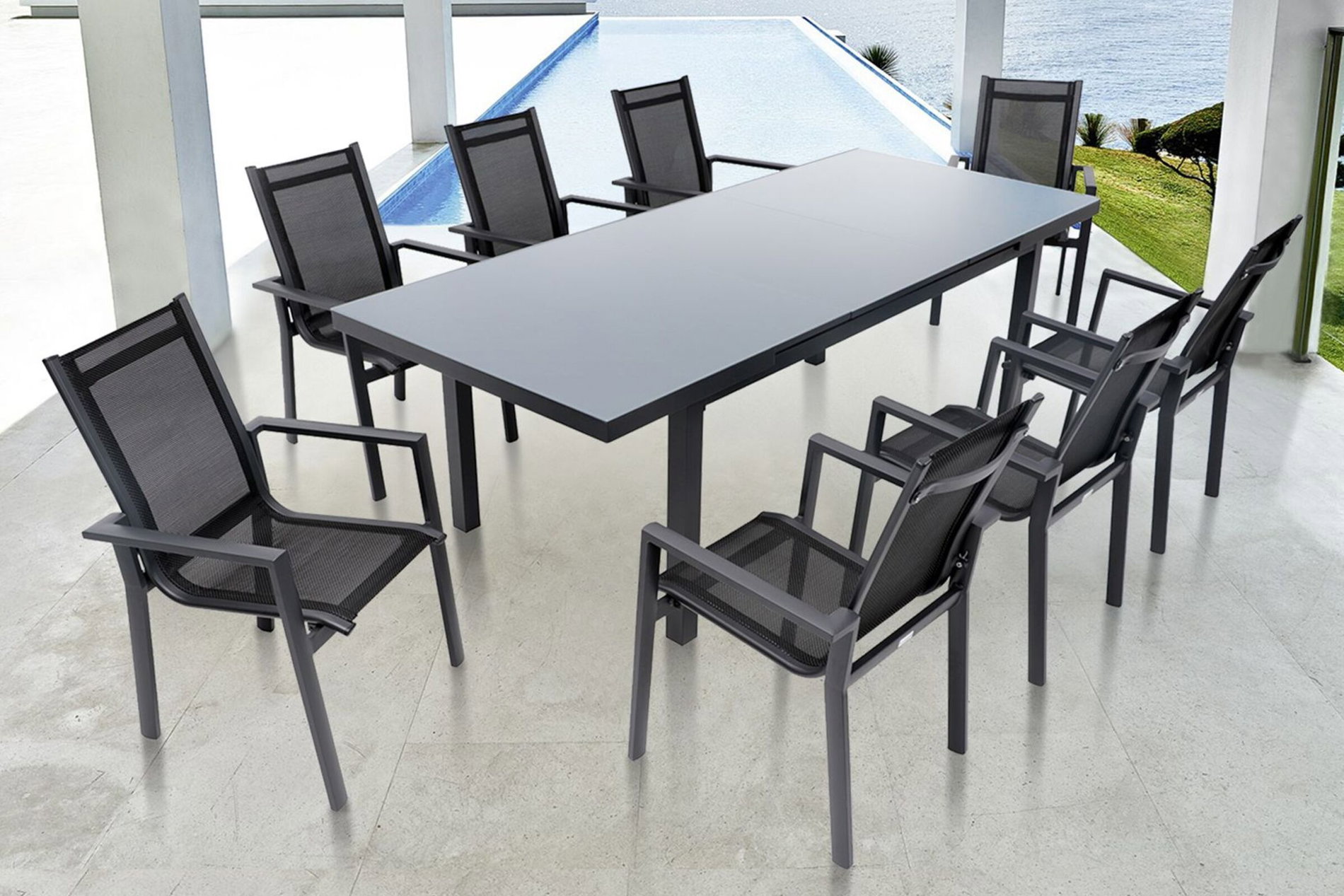 OUTFLEXX Ensemble repas de jardin Premium, OUTFLEXX® anthracite mat, Alu/Textilène, Table 180/240x100cm, 8 Fauteuils empilables OUTFLEXX Ensemble repas de jardin Premium, OUTFLEXX® anthracite mat, Alu/Textilène, Table 180/240x100cm, 8 Fauteuils empilables