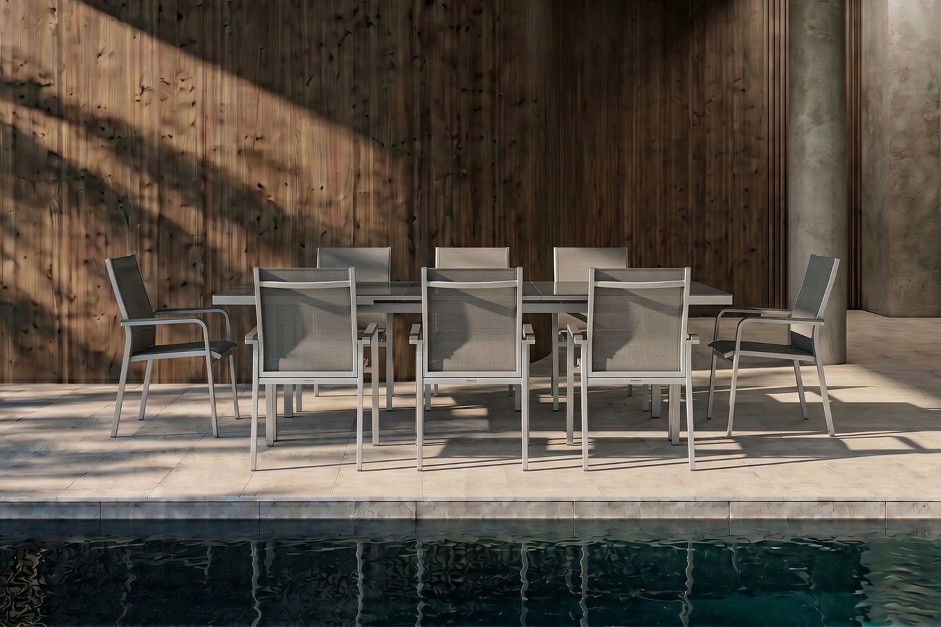 KETTLER BasicPlus Ensemble repas de jardin, argenté, Alu/Textilène, Table 180/240x100cm, 8 fauteuils empilables