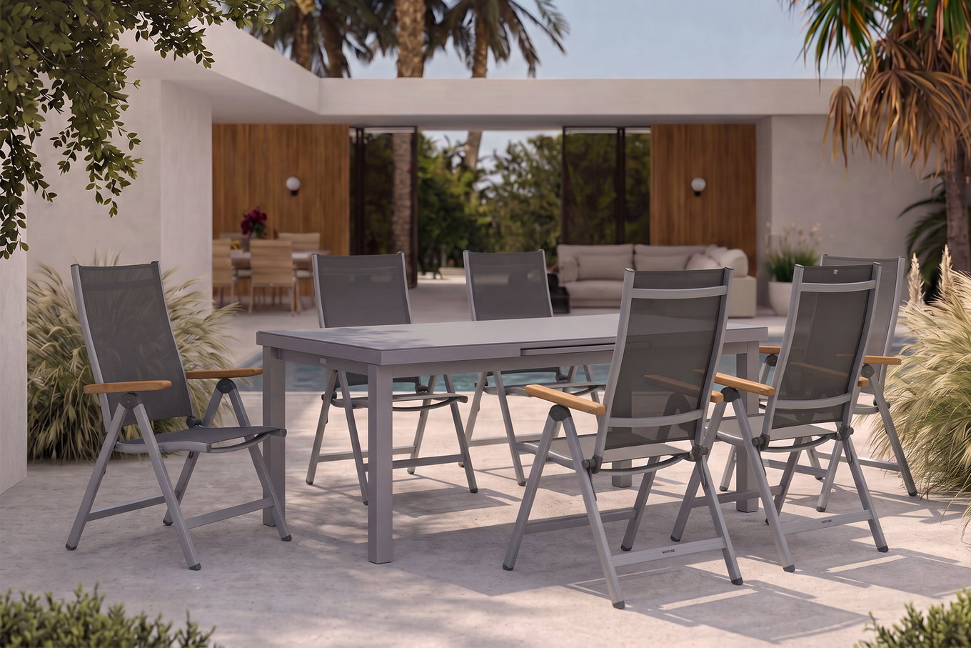KETTLER Granada Ensemble repas de jardin, argent, Alu/Textilène, Table 180/240x100cm, 6 chaises pliantes
