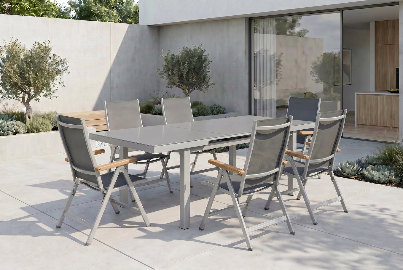 KETTLER Granada Salon de jardin, argent, Alu/Textilène, table 180/240x100cm, 8 chaises pliantes