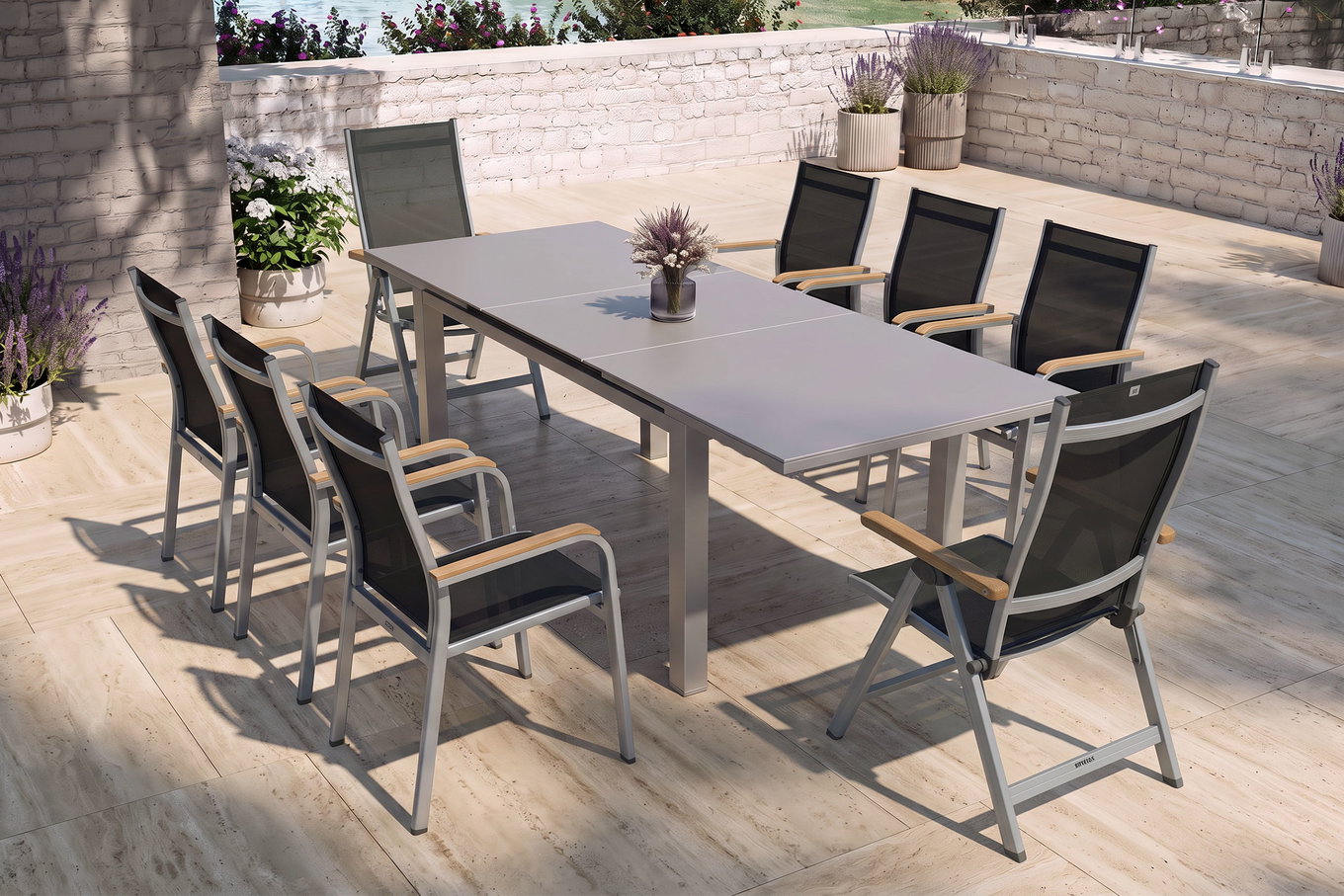 KETTLER Granada Salon de jardin, argent, Alu/Textilene, Table 180/240x100cm, 6 fauteuils empilables, 2 chaises pliantes