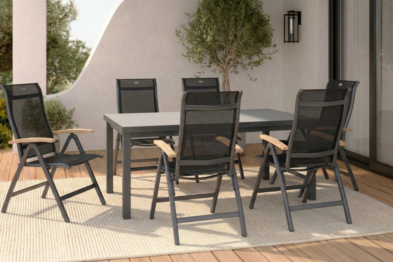 HARTMAN Alice Salon de jardin, xerix, Alu/4x4 Textilène, Table 180/240x100cm, 6 Chaises pliantes