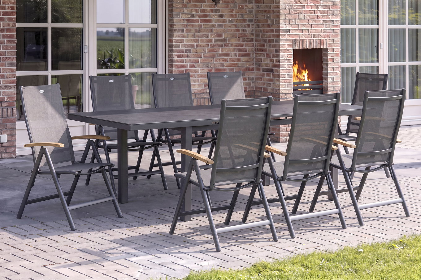 HARTMAN Aruba Teak Ensemble repas de jardin, xerix, Alu/Textilène, Table 180/240x100cm, 8 Chaises pliantes
