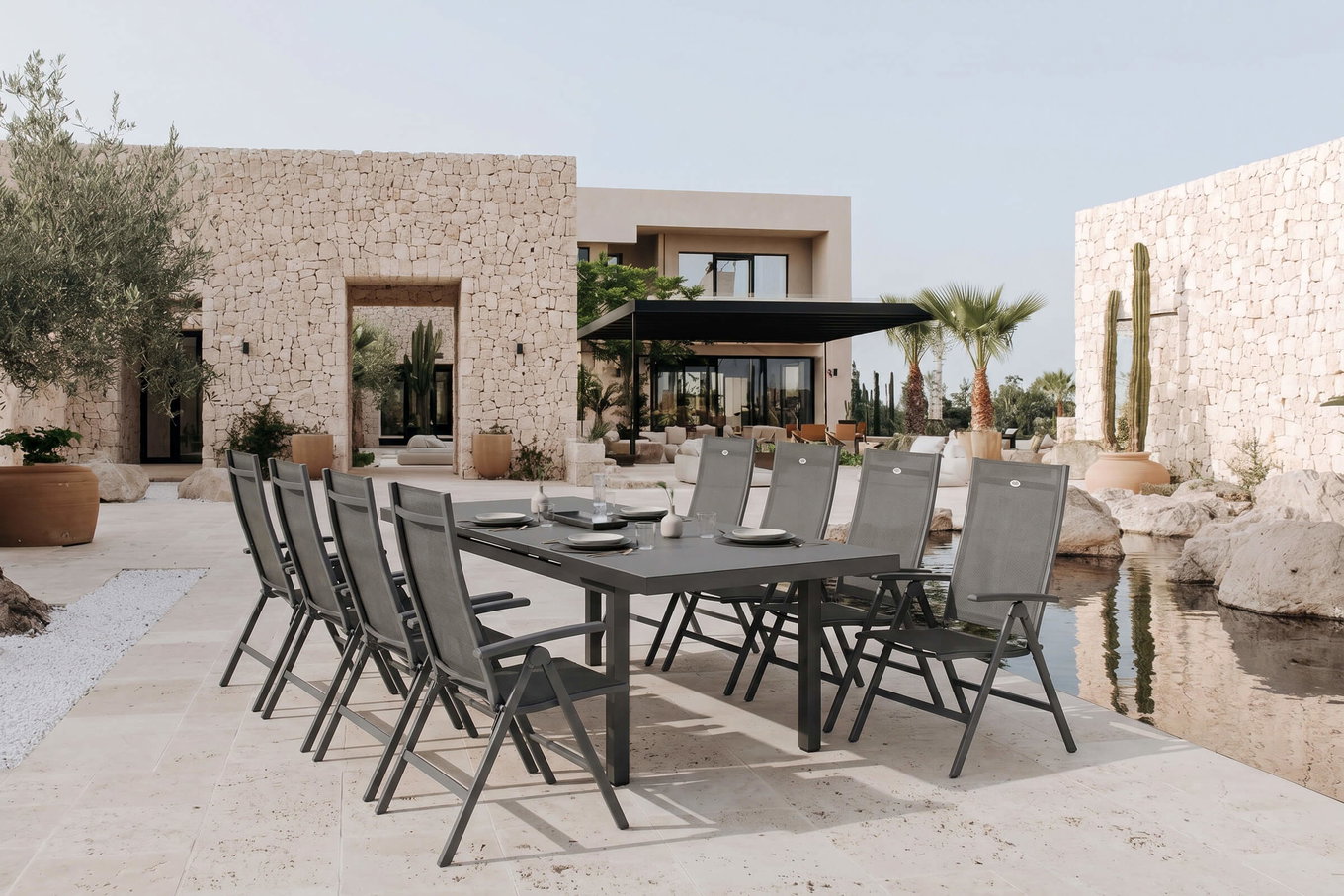 HARTMAN Aruba Salon de jardin, xerix, Alu/Textilène, Table 180/240x100cm, 8 Chaises pliantes