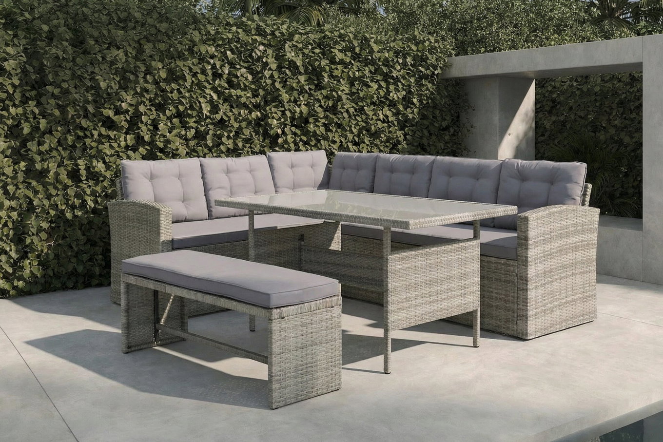 OUTFLEXX Salon de jardin, gris clair chiné/gris, résine tressée/polyester, table 145x79cm, 4 pcs, 7 pers, coussins inclus