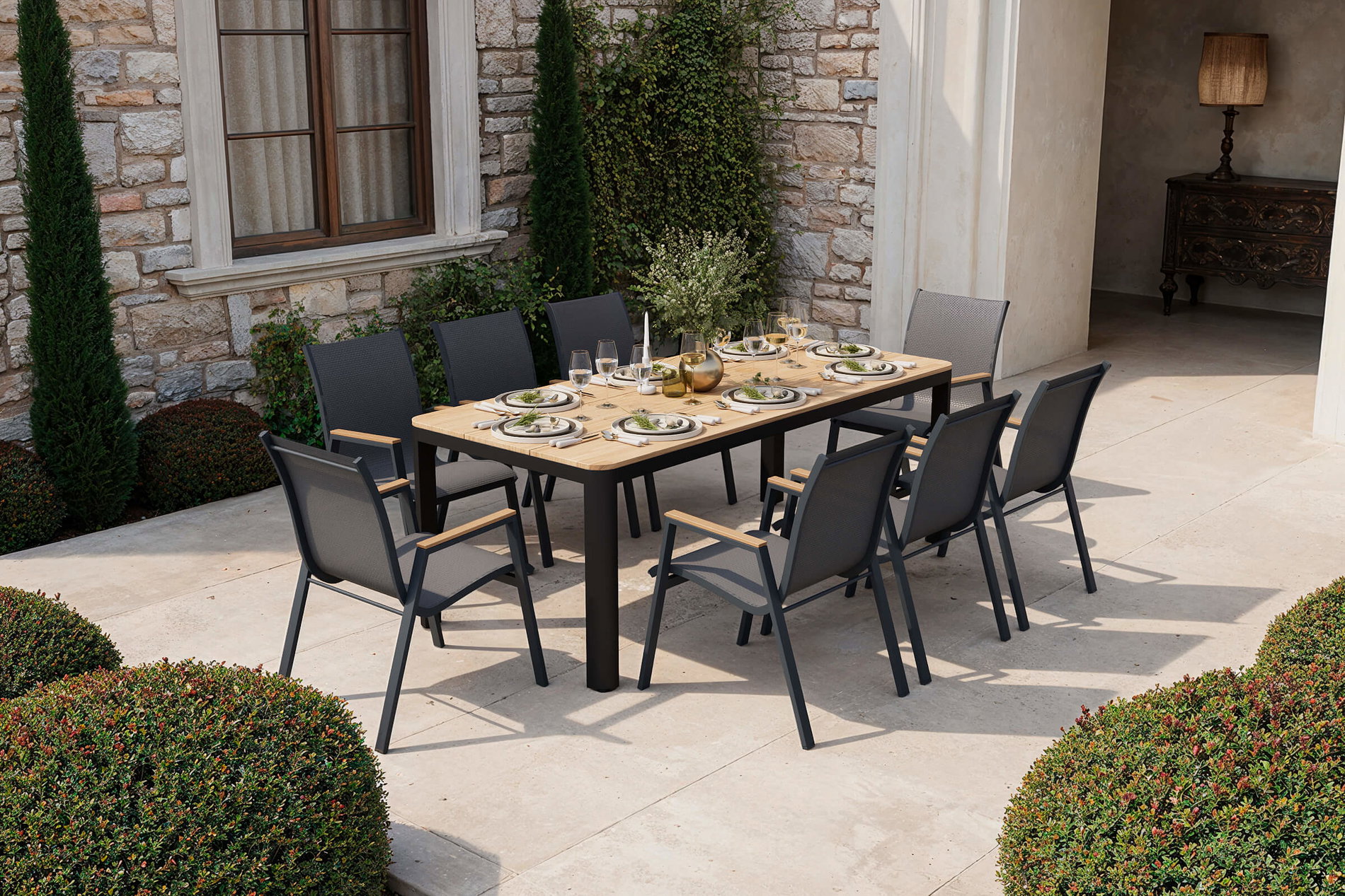 OUTFLEXX Tallinn Ensemble-repas de jardin avec 8 fauteuils empilables, anthracite mat/naturel, Alu/imitation bois, 200 x 90 cm