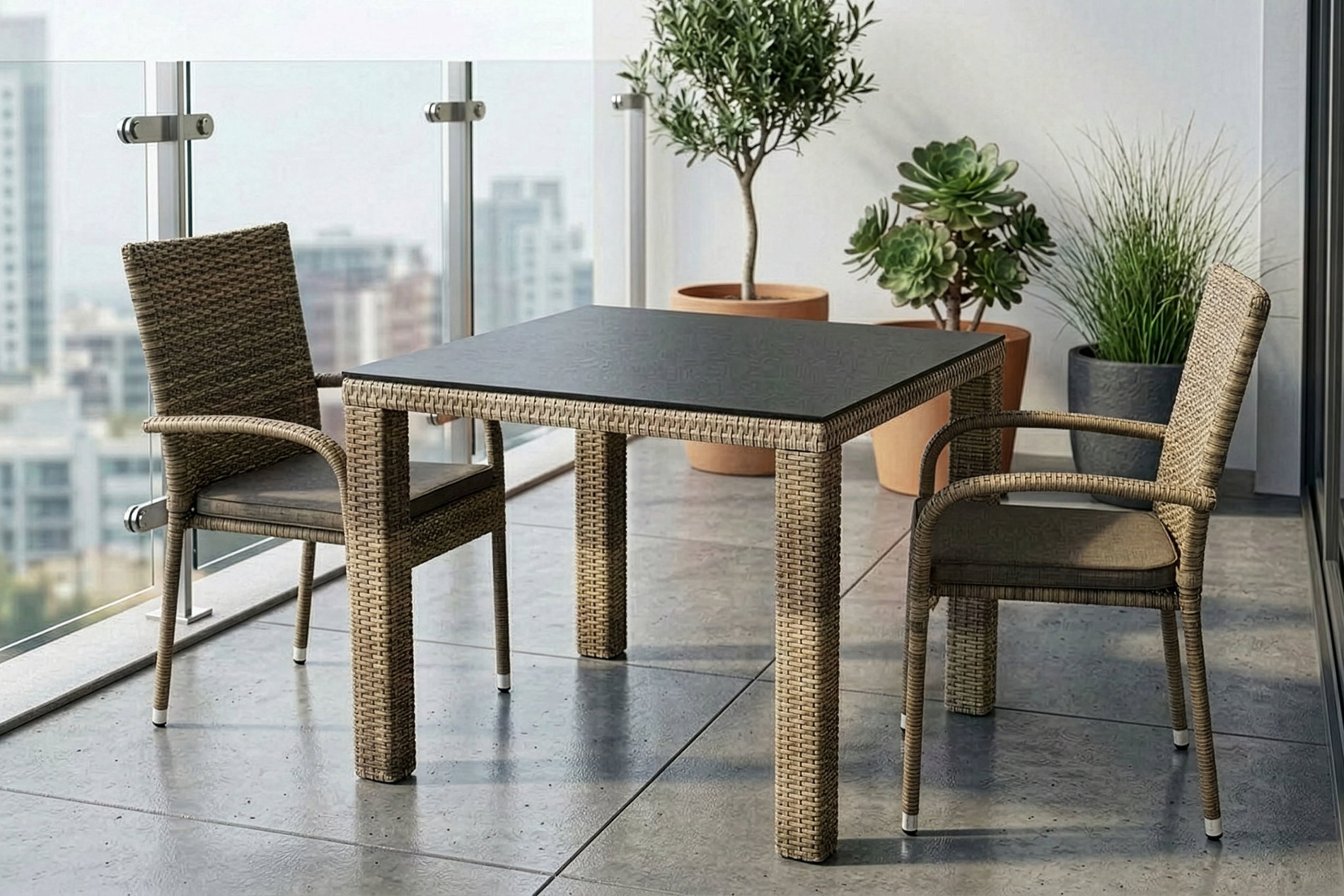 OUTFLEXX Rabida Balkon-Set, champagner-meliert, Polyrattan, Tisch 90x90 cm, 2 Stapelstühle, Glasplatte in Steinoptik