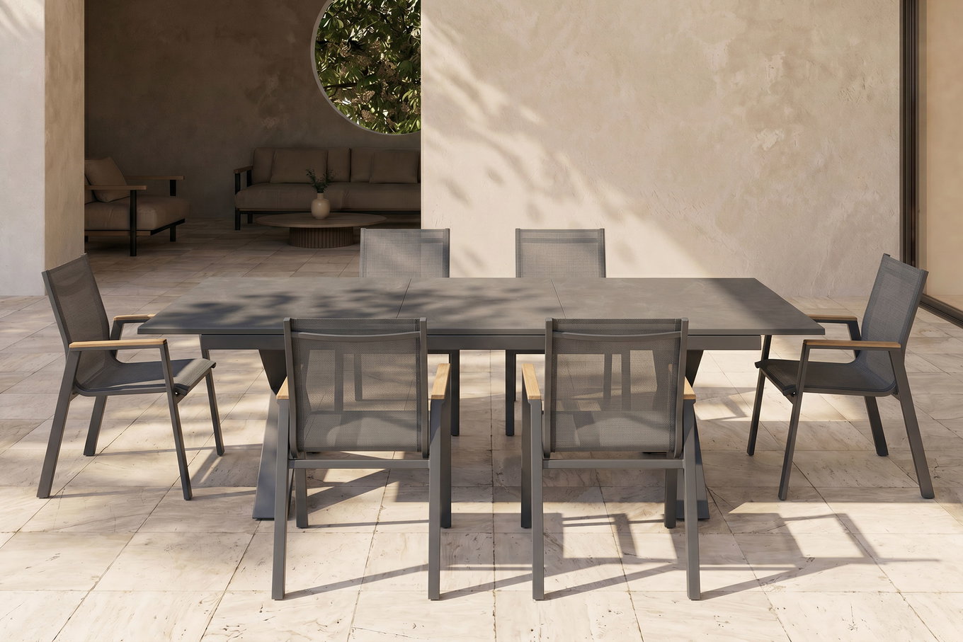 HARTMAN Modèle spécial Xanadu / Aruba Set, xerix/anthracite, Alu/Vitrocéramique, 6 fauteuils empilables, 220/280x100cm