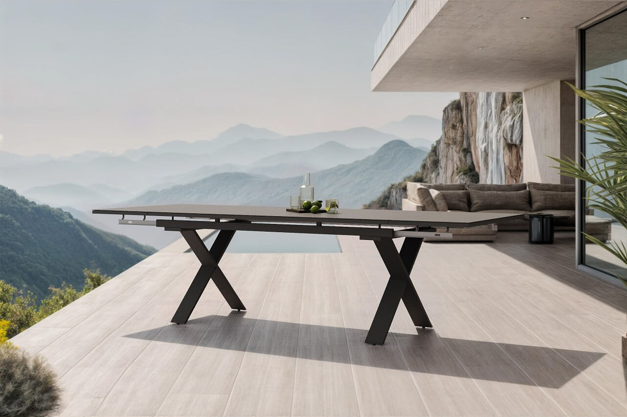 Table extensible OUTFLEXX Toronto, anthracite mat, alu/Spraystone, 180/280x100cm, extension à tiroir