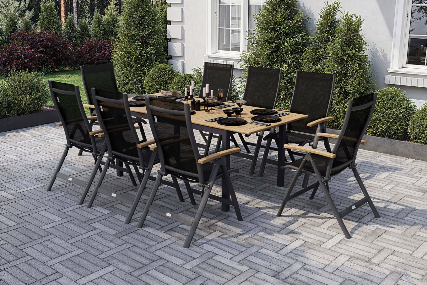OUTFLEXX Salon de jardin, OUTFLEXX® anthracite mat, Alu / Teck / Textile, Table 150/210x90cm, 8 chaises pliantes