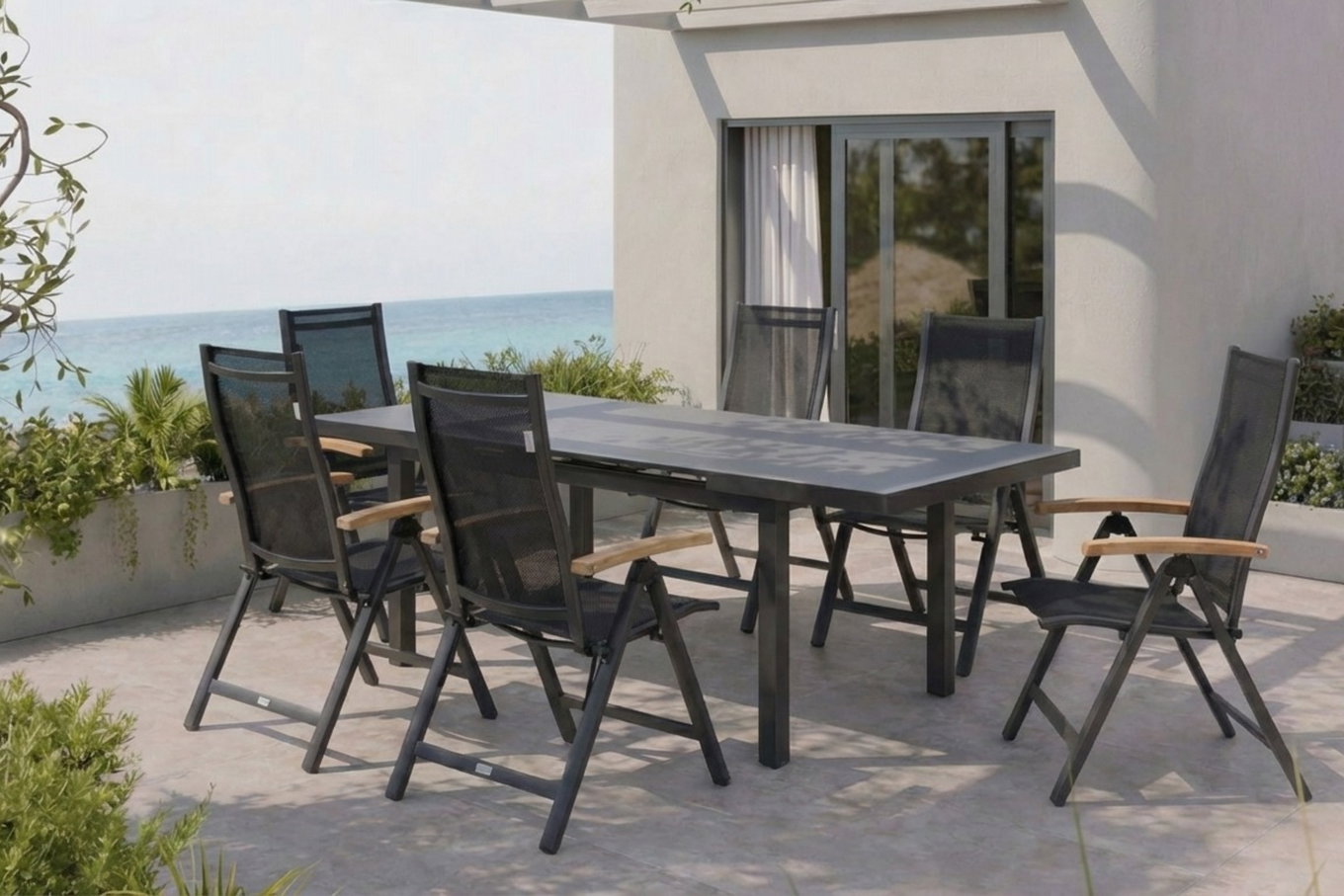 Ensemble repas de jardin Premium OUTFLEXX, OUTFLEXX® anthracite mat, Alu / Verre / Teck, Table 180/240x100cm, 6 chaises pliantes