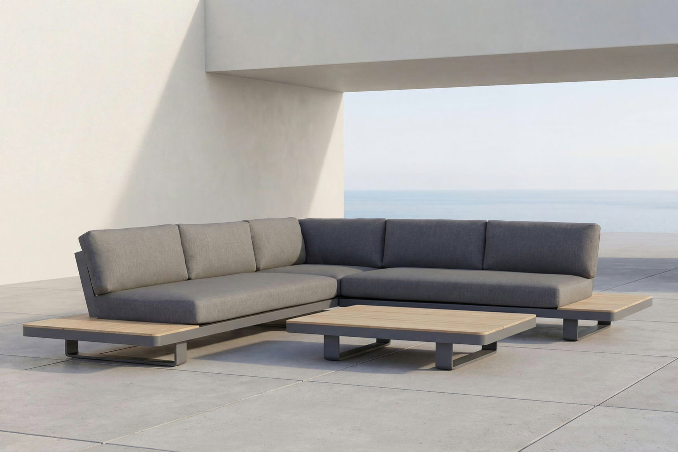 OUTFLEXX Las Vegas Salon d'angle, anthracite/gris, Alu/Teck, 5 personnes, Table 130x95 cm, Produit certifié FSC®