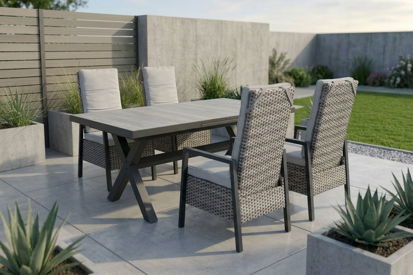 Ploß Louvra 2 Ensemble repas de jardin, naturel/anthracite, Polyrattan/Alu, 4 fauteuils, table 160/210 x 100 cm