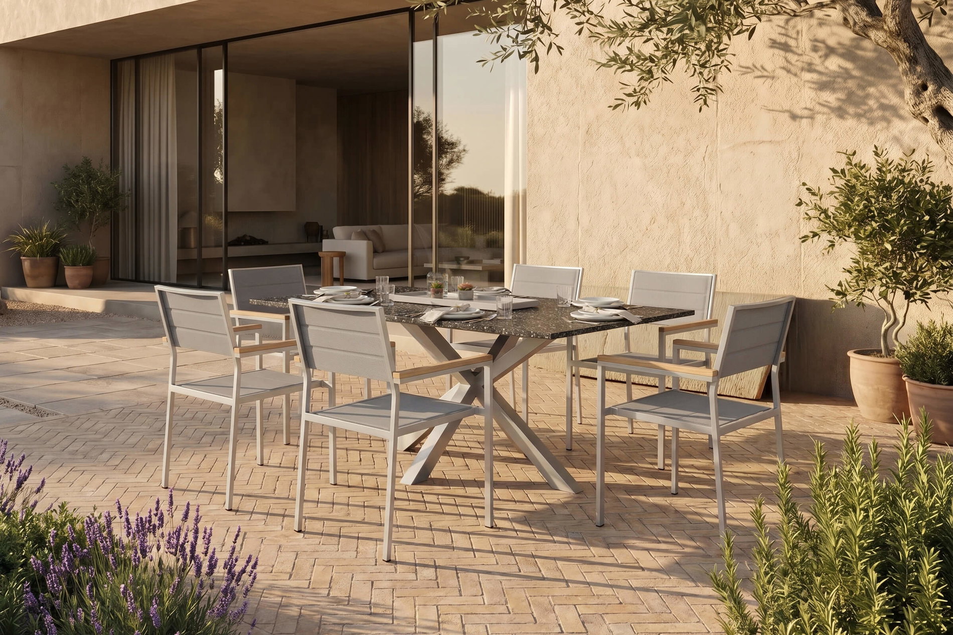 OUTFLEXX Garten-Essgruppe, silber/weiß, Edelstahl/Granit/Textil, 200x100 cm, 6 Stühle, padded, Armlehnen aus Teak OUTFLEXX Garten-Essgruppe, silber/weiß, Edelstahl/Granit/Textil, 200x100 cm, 6 Stühle, padded, Armlehnen aus Teak