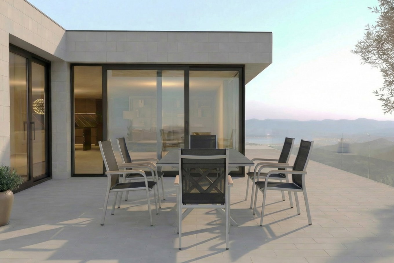 Ensemble table à manger de jardin KETTLER Granada, argent / anthracite, alu / Spraystone / teck, table 180/280x100cm, 6 fauteuils empilables