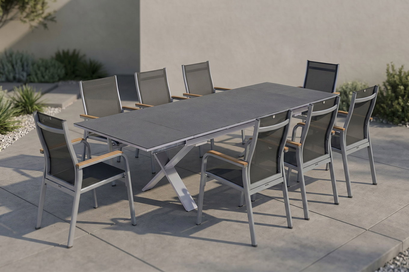 KETTLER Granada Salon de jardin, argent / anthracite, Alu / Spraystone / Teck, table 180/280x100cm, 8 fauteuils empilables