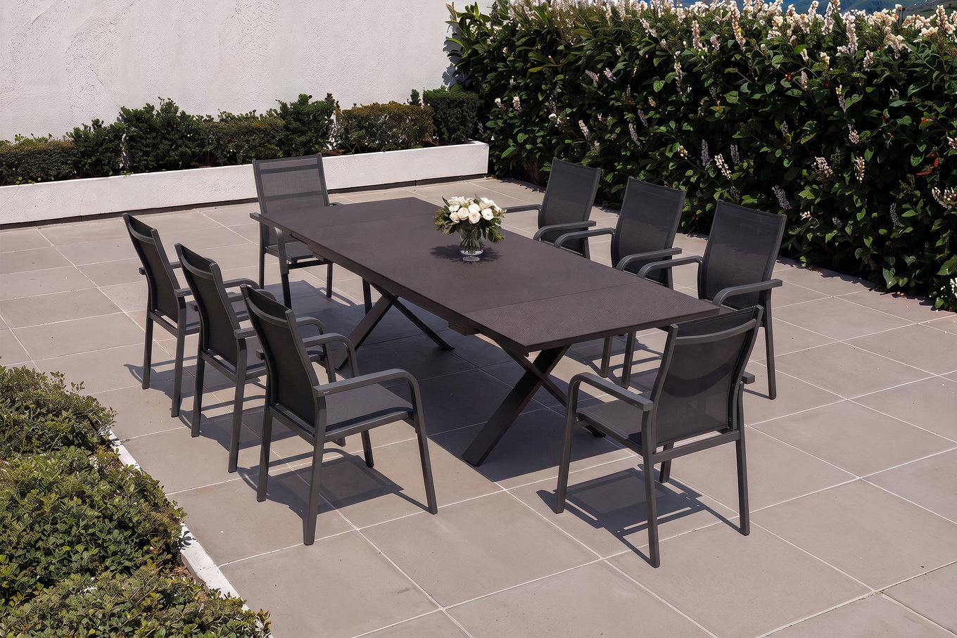 KETTLER BasicPlus Ensemble repas de jardin, anthracite, Alu / Spraystone / Textile, Table 180/280x100cm, 8 fauteuils empilables