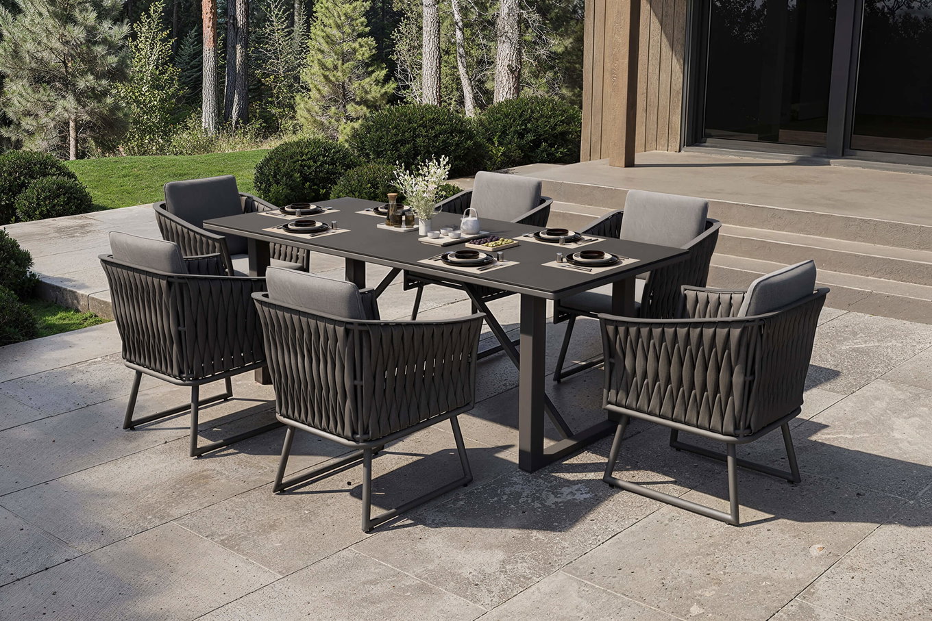 OUTFLEXX Oranger Blossom Ensemble repas de jardin, anthracite, Alu/Tressage XL, 7 pièces, coussins d'assise et de dossier inclus, Table 200 x 90 x 76 cm