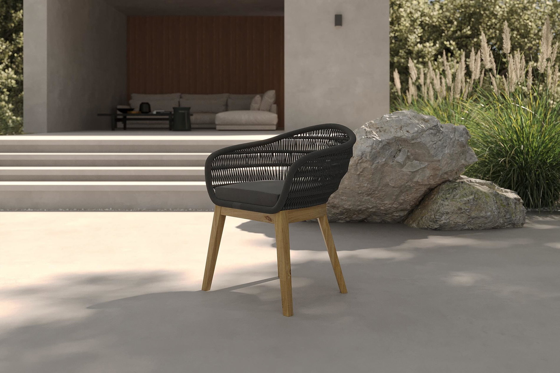 OUTFLEXX Fauteuil de salle à manger, naturel/noir, bois de teck/Rope, 60 x 61 x 79 cm, avec coussin, produit certifié FSC®